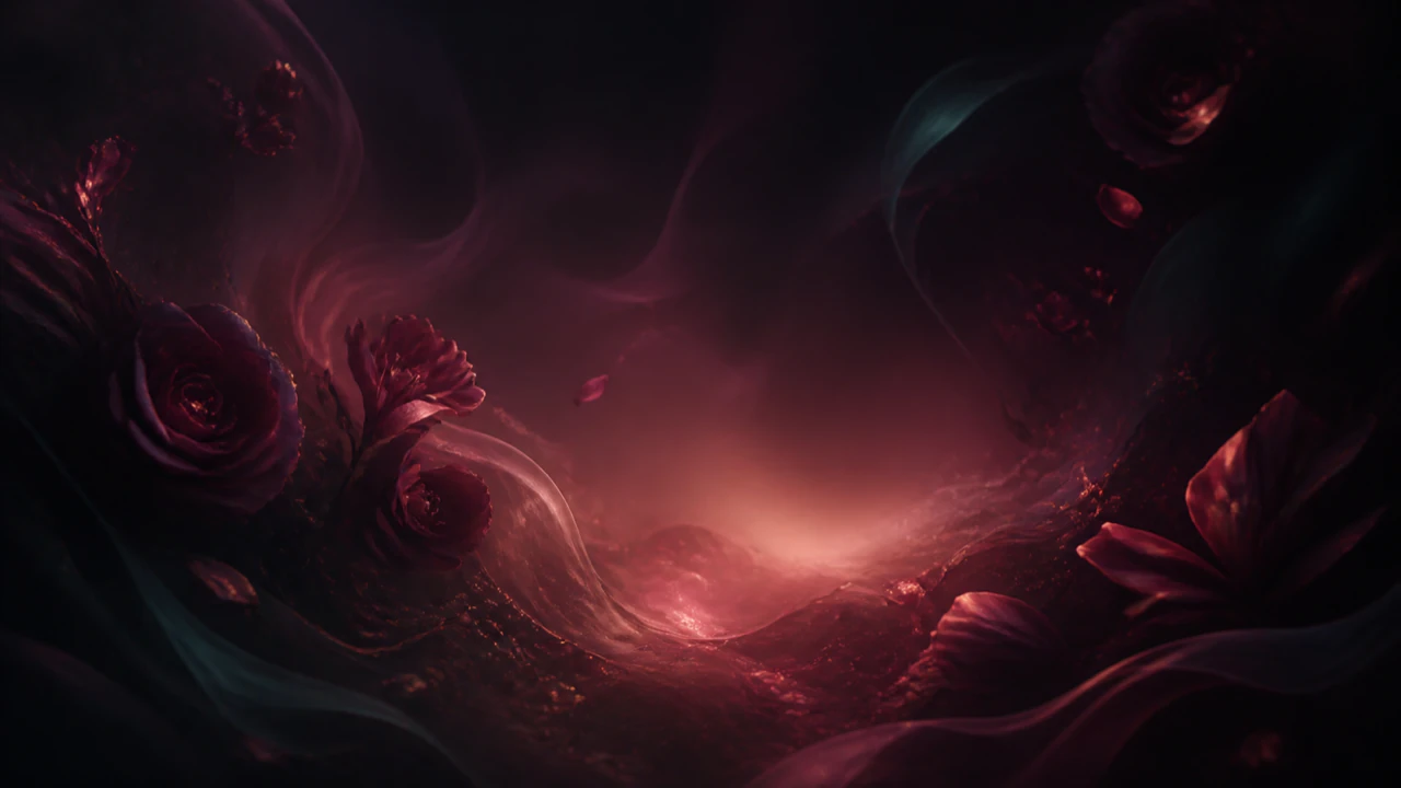 A dark rose-colored dreamscape representing an Amavi story world